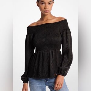 Michael Kors Smocked Moiré Jacquard Off-The-Shoulder Top XS Womens Black NWT
